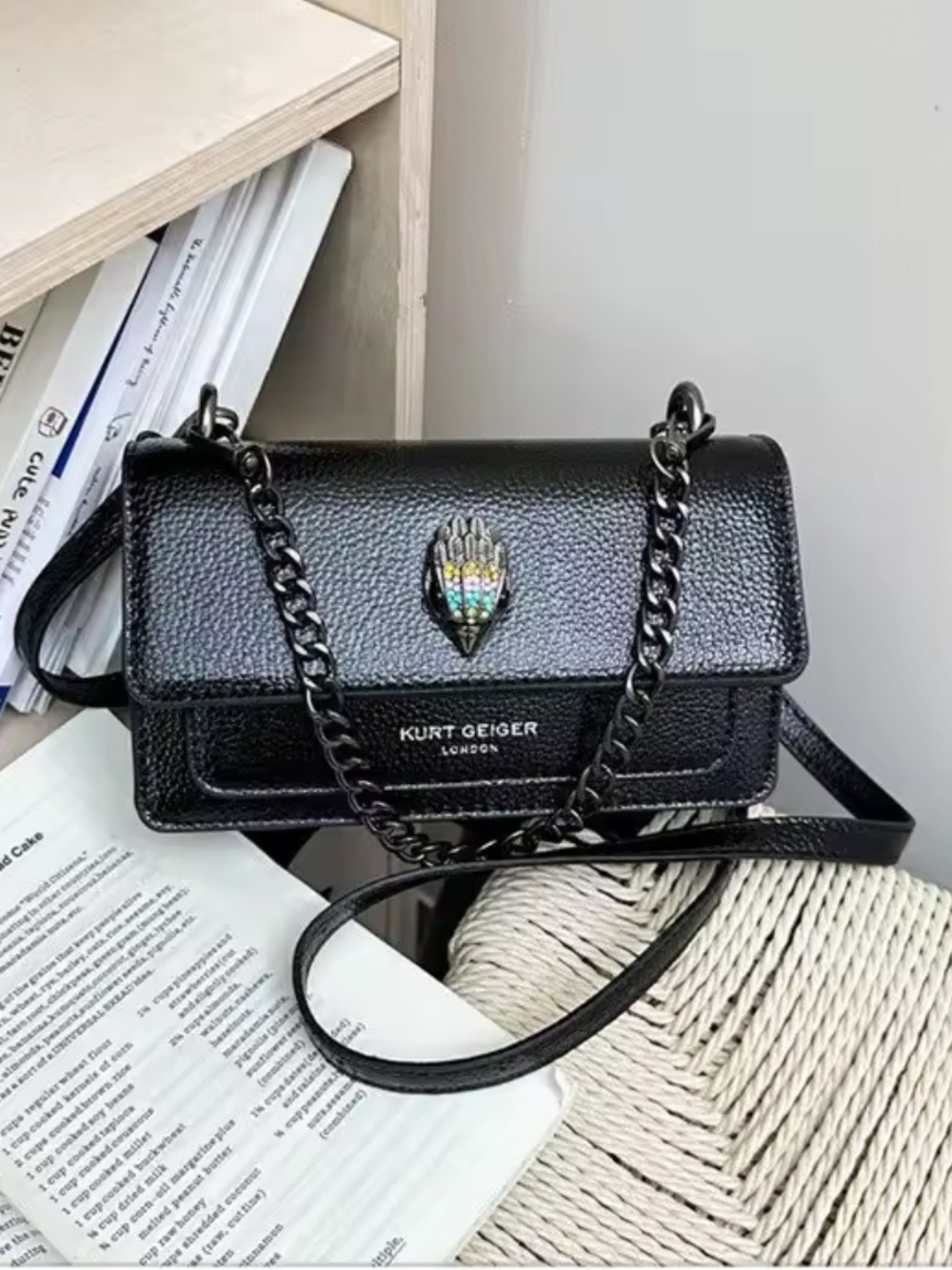 Kurt Geiger Black Pebbled Leather Chain-Shoulder Crossbody
